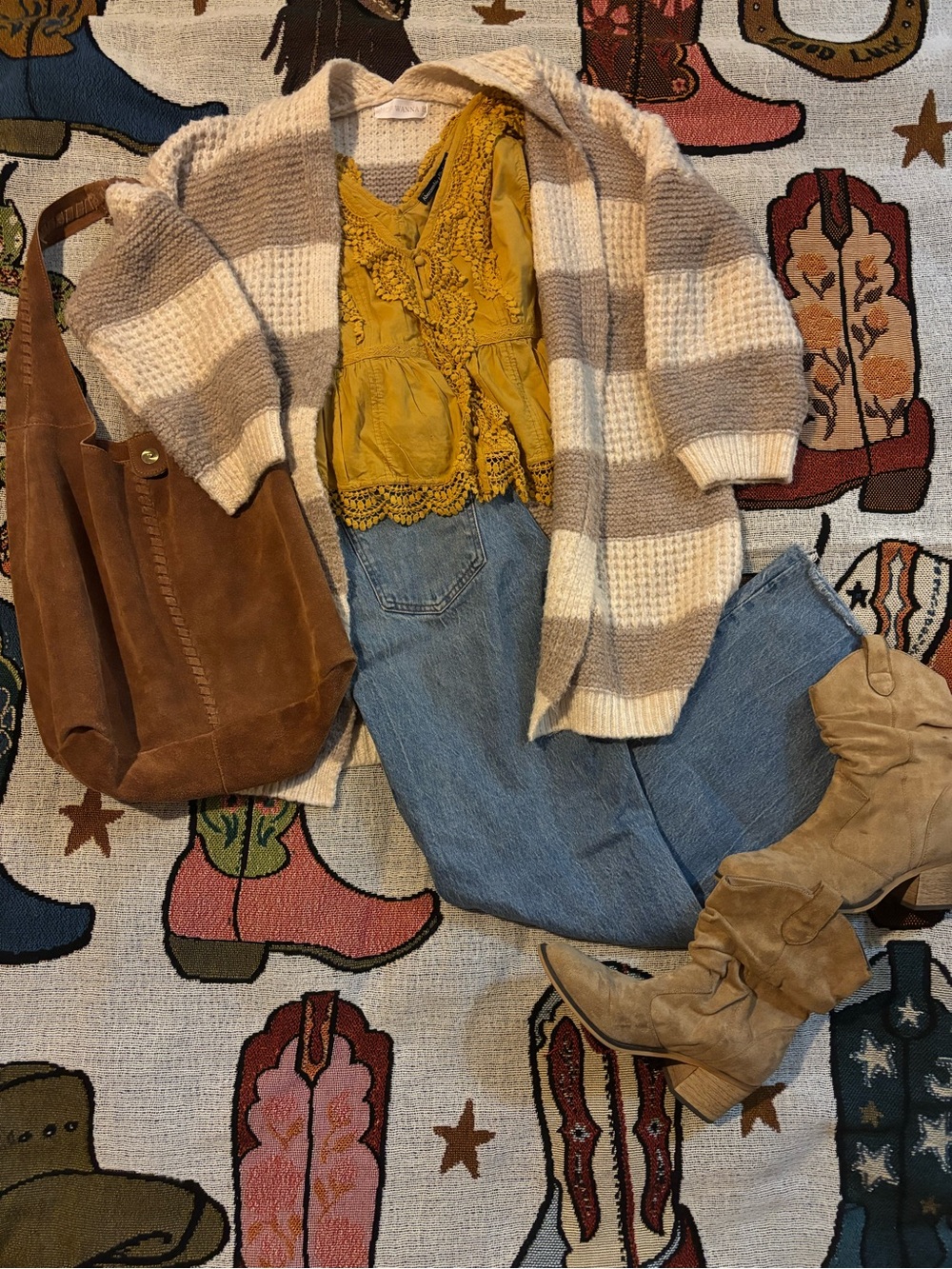 Shop Wanna B Cozy Striped Open Front Cardigan - Cream & Taupe